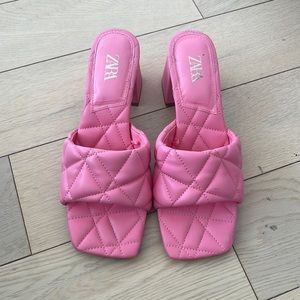 Zara Quilted Puffy Pink Square Toe Heeled Mule Sandal (Size 38)